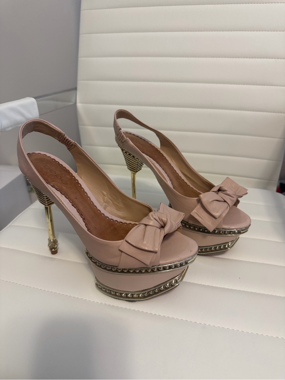 bebe Blush Bow Platform Slingback Heels with Gold Accents